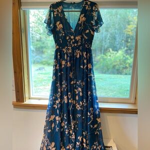 Baltic Born. Large. Blue short sleeve dress. With gold stitching.